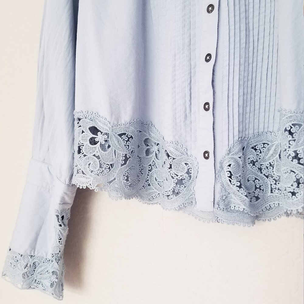 Free People Crochet Lace Trim Hooked On You Top Button Front Shirt Blue M $128 - Picture 9 of 16